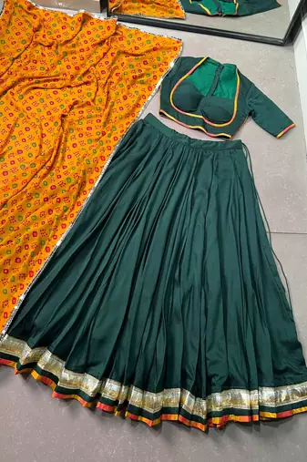 Women Green Chinon free size Navratri Lehenga Choli with Bandhani Dupatta