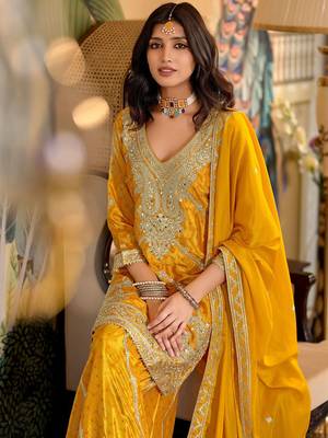 Paisley Embroidered Sequinned Chinon Straight Kurta With Palazzos & Dupatta 1