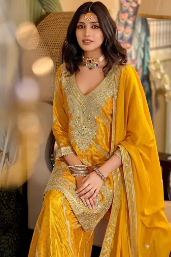 Paisley Embroidered Sequinned Chinon Straight Kurta With Palazzos & Dupatta