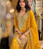 Paisley Embroidered Sequinned Chinon Straight Kurta With Palazzos & Dupatta