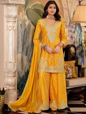 Paisley Embroidered Sequinned Chinon Straight Kurta With Palazzos & Dupatta 2
