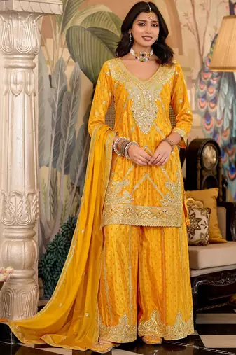Paisley Embroidered Sequinned Chinon Straight Kurta With Palazzos & Dupatta