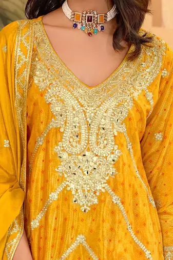 Paisley Embroidered Sequinned Chinon Straight Kurta With Palazzos & Dupatta