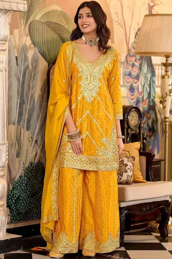 Paisley Embroidered Sequinned Chinon Straight Kurta With Palazzos & Dupatta