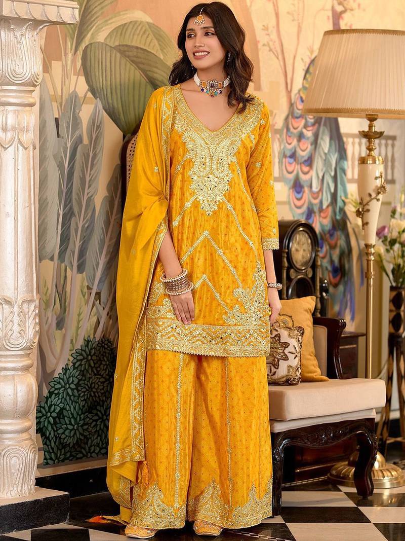 Paisley Embroidered Sequinned Chinon Straight Kurta With Palazzos & Dupatta