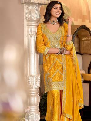 Paisley Embroidered Sequinned Chinon Straight Kurta With Palazzos & Dupatta 5