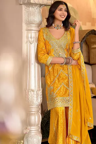 Paisley Embroidered Sequinned Chinon Straight Kurta With Palazzos & Dupatta