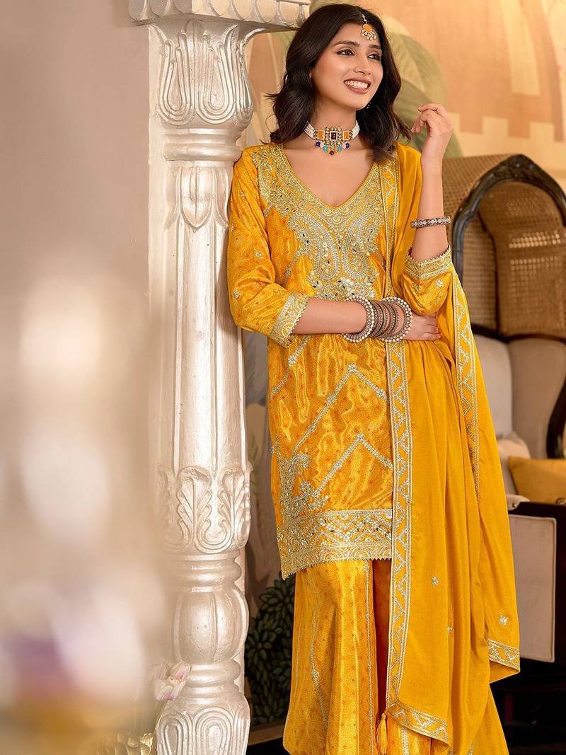 Paisley Embroidered Sequinned Chinon Straight Kurta With Palazzos & Dupatta