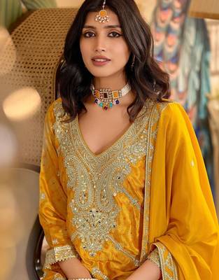 Paisley Embroidered Sequinned Chinon Straight Kurta With Palazzos & Dupatta 6