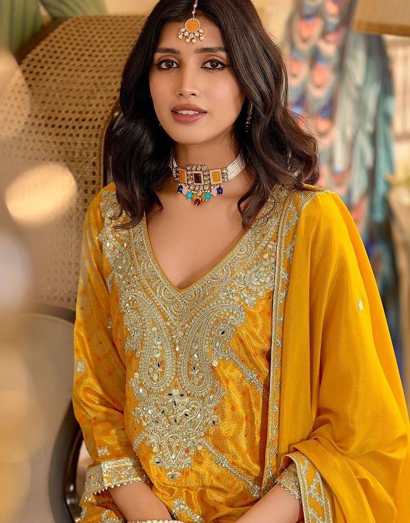 Paisley Embroidered Sequinned Chinon Straight Kurta With Palazzos & Dupatta