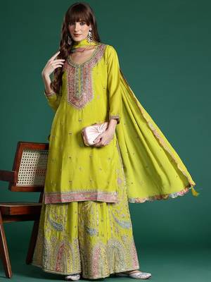 Paisley Embroidered Sequinned Kurta with Palazzos & With Dupatta 1