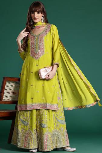 Paisley Embroidered Sequinned Kurta with Palazzos & With Dupatta