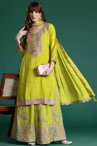 Paisley Embroidered Sequinned Kurta with Palazzos & With Dupatta