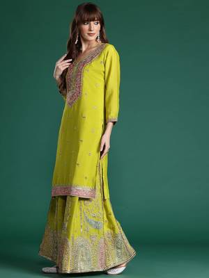 Paisley Embroidered Sequinned Kurta with Palazzos & With Dupatta 5