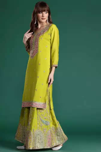 Paisley Embroidered Sequinned Kurta with Palazzos & With Dupatta