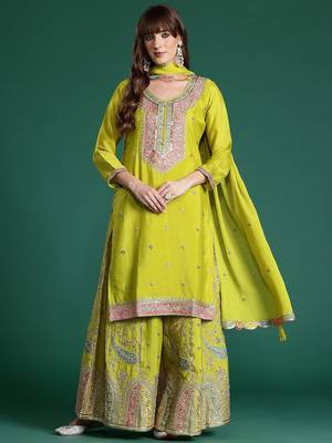 Paisley Embroidered Sequinned Kurta with Palazzos & With Dupatta 7