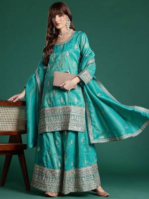 Ethnic Motifs Embroidered Sequinned Kurta with Palazzos & Dupatta 1