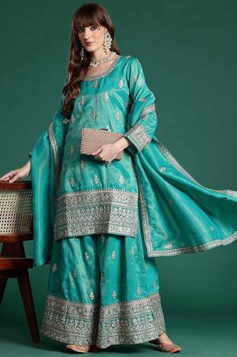Ethnic Motifs Embroidered Sequinned Kurta with Palazzos & Dupatta