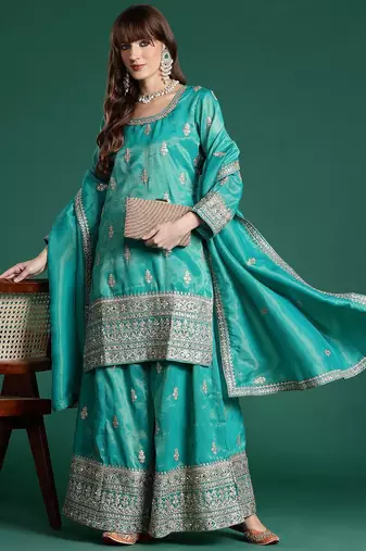 Ethnic Motifs Embroidered Sequinned Kurta with Palazzos & Dupatta
