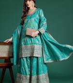 Ethnic Motifs Embroidered Sequinned Kurta with Palazzos & Dupatta
