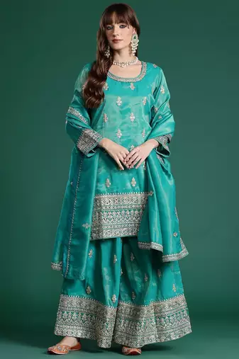 Ethnic Motifs Embroidered Sequinned Kurta with Palazzos & Dupatta