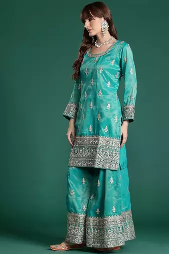 Ethnic Motifs Embroidered Sequinned Kurta with Palazzos & Dupatta