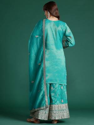 Ethnic Motifs Embroidered Sequinned Kurta with Palazzos & Dupatta 7