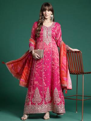 Ethnic Motifs Embroidered Regular Sequinned Kurta with Trousers & Dupatta 1