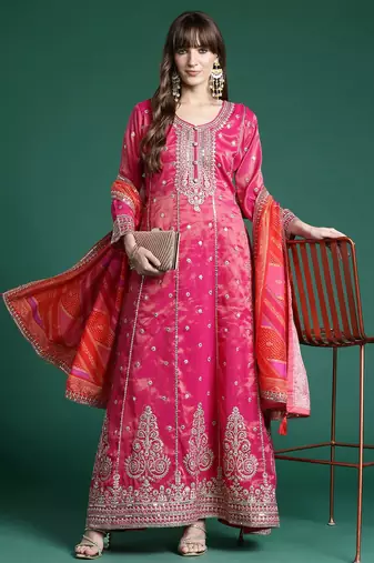 Ethnic Motifs Embroidered Regular Sequinned Kurta with Trousers & Dupatta