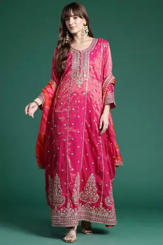 Ethnic Motifs Embroidered Regular Sequinned Kurta with Trousers & Dupatta