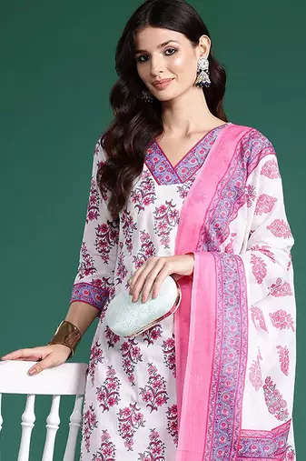 Women Floral Printed Regular Pure Cotton Kurta with Palazzos & With Dupatta