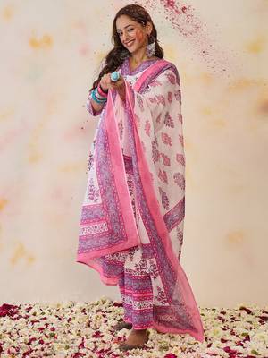Women Floral Printed Regular Pure Cotton Kurta with Palazzos & With Dupatta 1