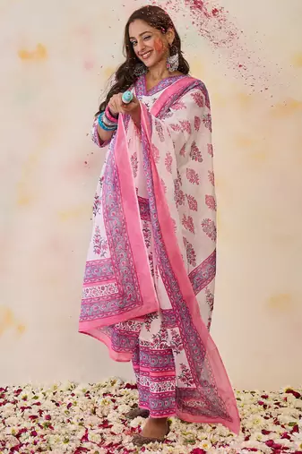 Women Floral Printed Regular Pure Cotton Kurta with Palazzos & With Dupatta
