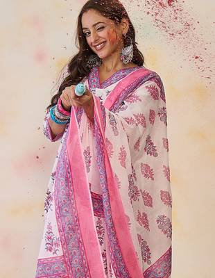 Women Floral Printed Regular Pure Cotton Kurta with Palazzos & With Dupatta 3