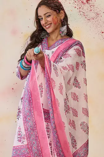 Women Floral Printed Regular Pure Cotton Kurta with Palazzos & With Dupatta