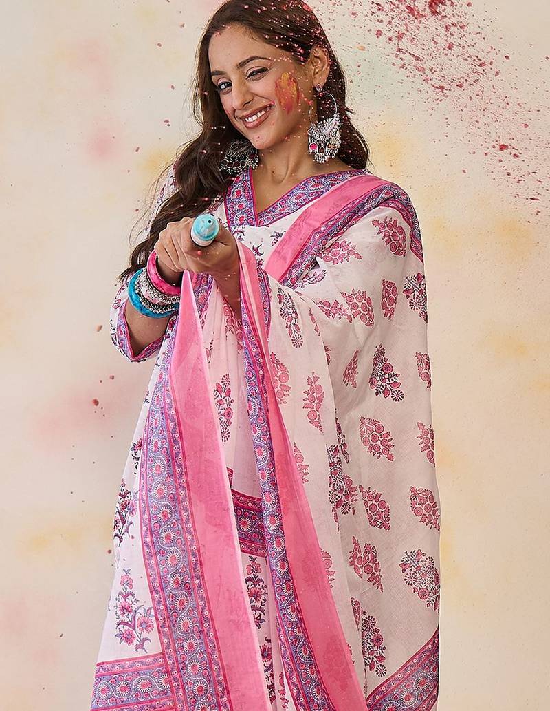 Women Floral Printed Regular Pure Cotton Kurta with Palazzos & With Dupatta