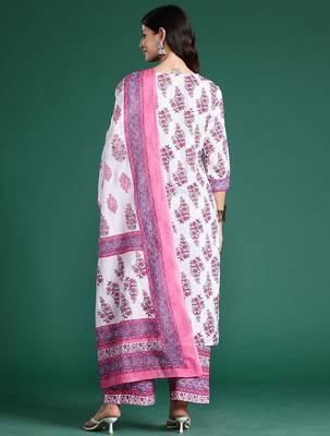 Women Floral Printed Regular Pure Cotton Kurta with Palazzos & With Dupatta 4