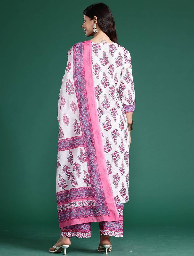 Women Floral Printed Regular Pure Cotton Kurta with Palazzos & With Dupatta