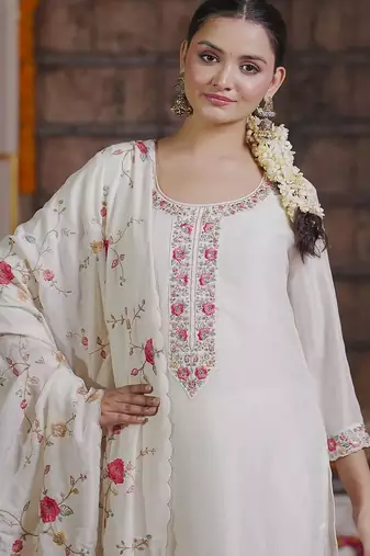 Women Floral Embroidered Regular Thread Work Kurta with Trousers & With Dupatta