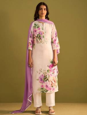 Floral Printed Beads And Stones Notch Neck Linen Kurta With Trousers & Dupatta 1