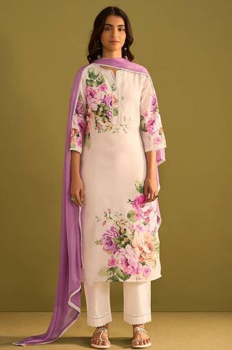 Floral Printed Beads And Stones Notch Neck Linen Kurta With Trousers & Dupatta