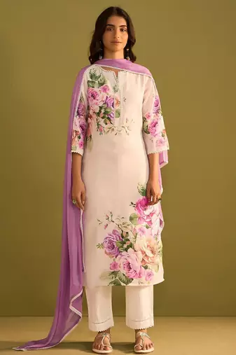 Floral Printed Beads And Stones Notch Neck Linen Kurta With Trousers & Dupatta