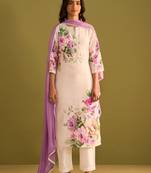 Floral Printed Beads And Stones Notch Neck Linen Kurta With Trousers & Dupatta