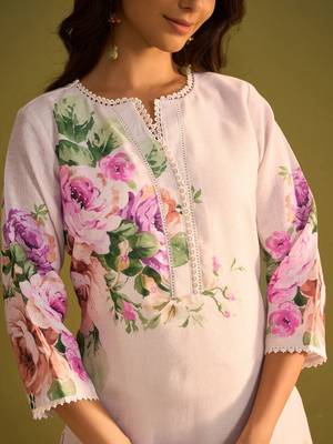 Floral Printed Beads And Stones Notch Neck Linen Kurta With Trousers & Dupatta 2