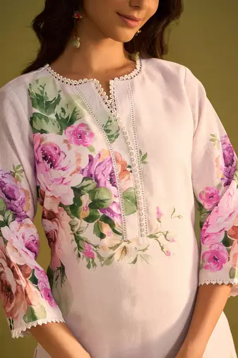 Floral Printed Beads And Stones Notch Neck Linen Kurta With Trousers & Dupatta