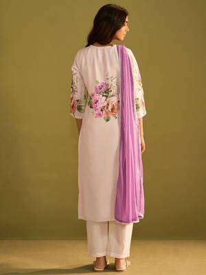Floral Printed Beads And Stones Notch Neck Linen Kurta With Trousers & Dupatta 3