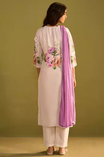 Floral Printed Beads And Stones Notch Neck Linen Kurta With Trousers & Dupatta