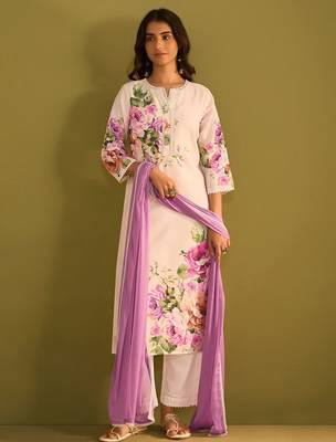 Floral Printed Beads And Stones Notch Neck Linen Kurta With Trousers & Dupatta 4