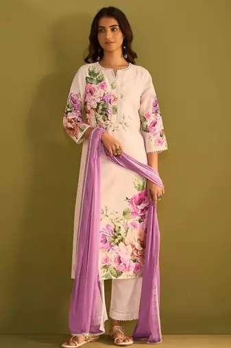 Floral Printed Beads And Stones Notch Neck Linen Kurta With Trousers & Dupatta