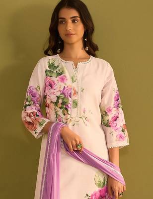 Floral Printed Beads And Stones Notch Neck Linen Kurta With Trousers & Dupatta 5